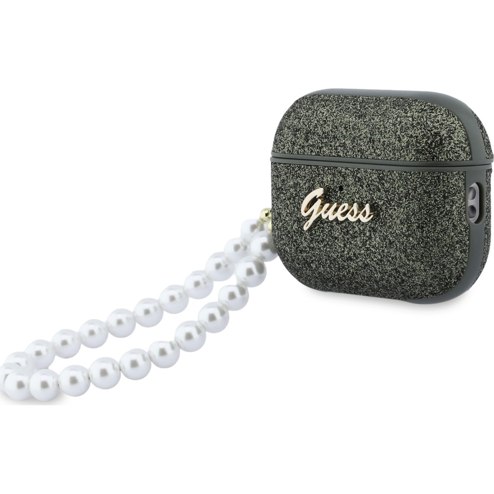 Oryginalne ekskluzywne etui od marki Guess z kolekcji Glitter Pearl Strap z perłową zawieszką dla Apple AirPods Pro 3, zielone